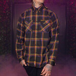 Dixxon Men's Guns N Roses Flannel Shirt Large Black Plaid Long Sleeve Pearl Snap